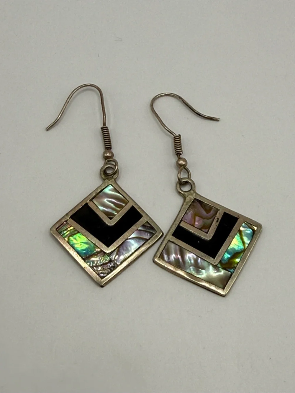 Vintage Alpaca Mexico Silver Tone Abalone Square Dangle Drop Statement Earrings